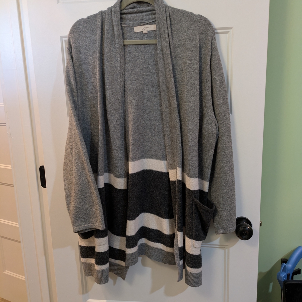 LOFT Gray Striped Open-Front Women's Cardigan Sweater